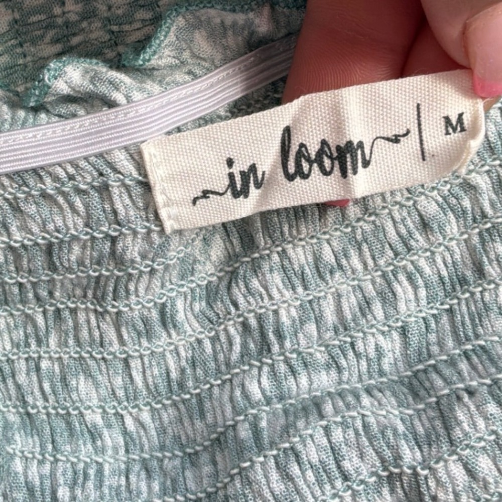 In Loom Sage Green Floral Smocked Bodycon Mini Dress Tie Shoulder Size M - Picture 5 of 7